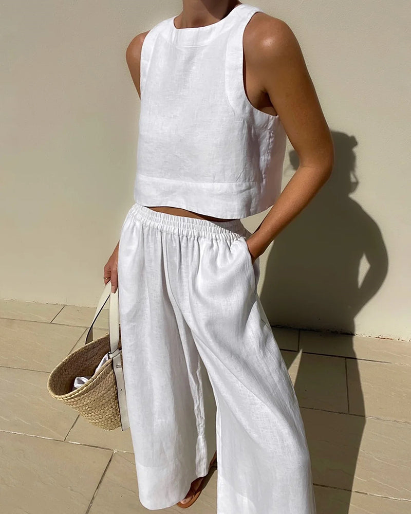 Gleame Linnen Tweedelige Set – Luchtige tweedelige outfit van linnen broek en top