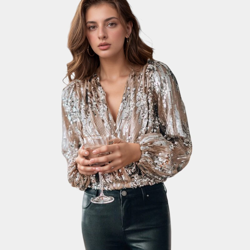 Gleame.-Blazers & Blouses-Gleame Blouse - Elegante sequinned blouse met diepe V-hals