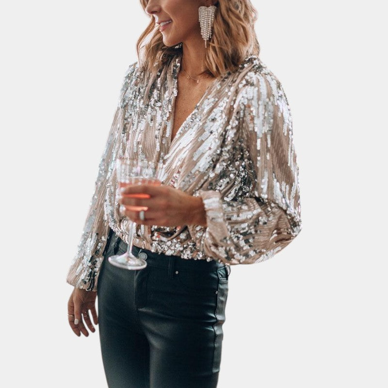 Gleame.-Blazers & Blouses-Gleame Blouse - Elegante sequinned blouse met diepe V-hals