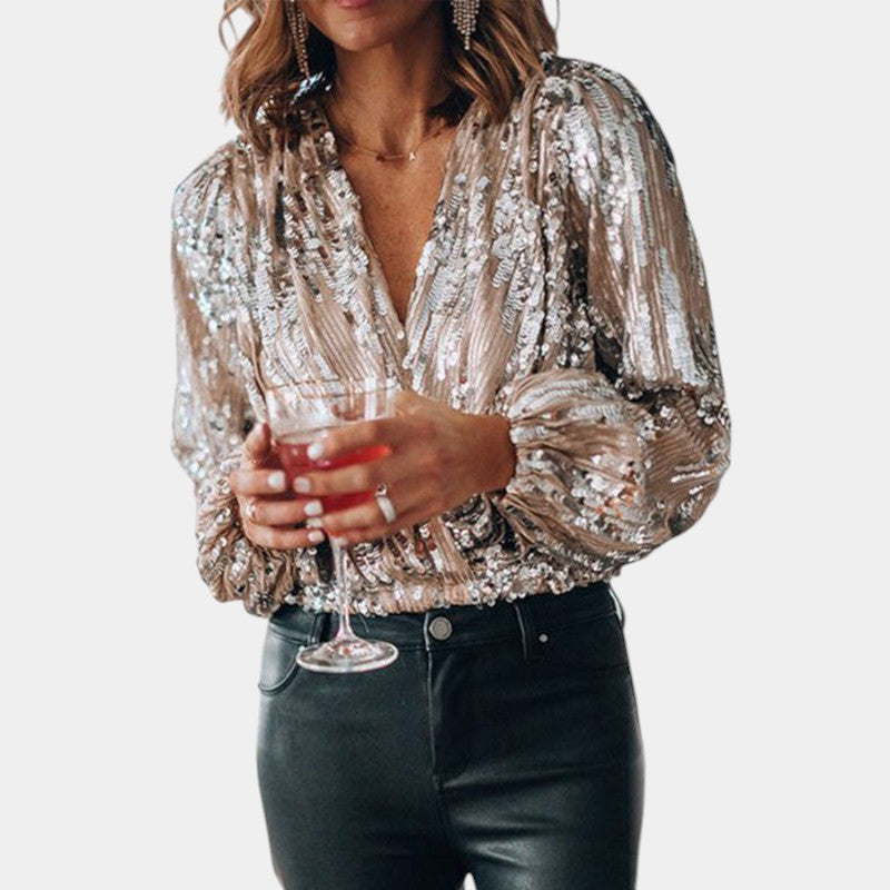 Gleame.-Blazers & Blouses-Gleame Blouse - Elegante sequinned blouse met diepe V-hals