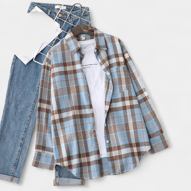 Gleame.-Blazers & Blouses-Gleame Blouse - Geruite dames blouse met lange mouwen