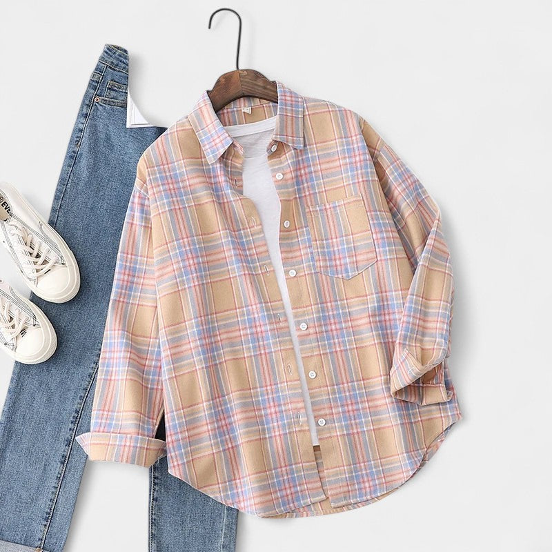 Gleame.-Blazers & Blouses-Gleame Blouse - Geruite dames blouse met lange mouwen