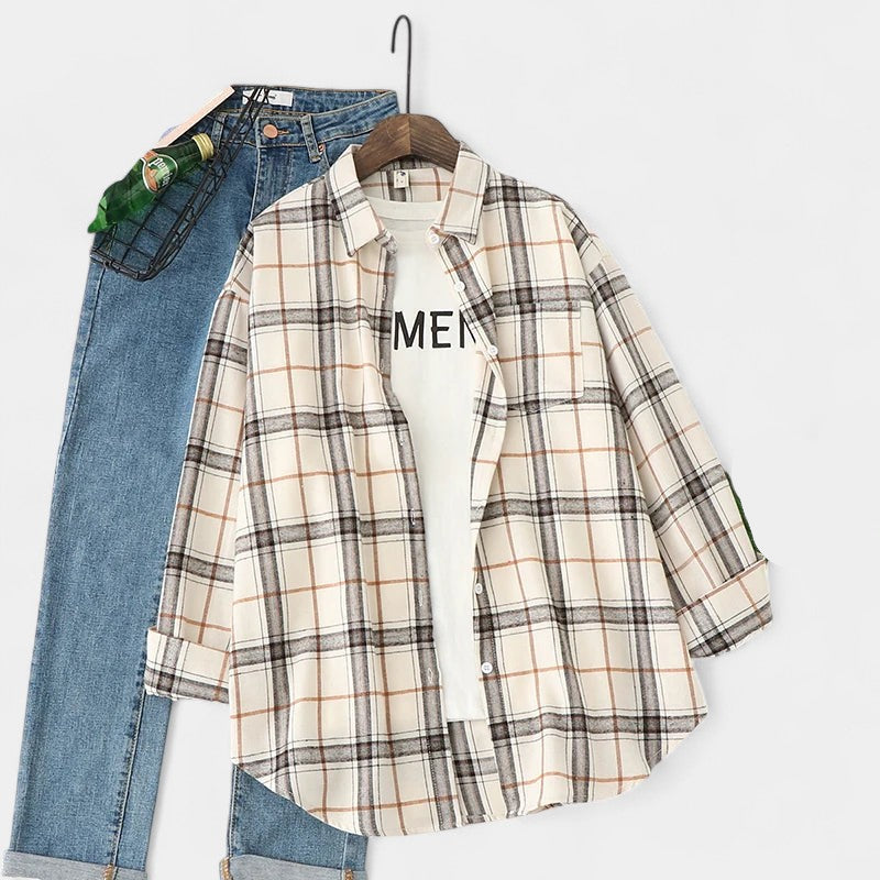 Gleame.-Blazers & Blouses-Gleame Blouse - Geruite dames blouse met lange mouwen