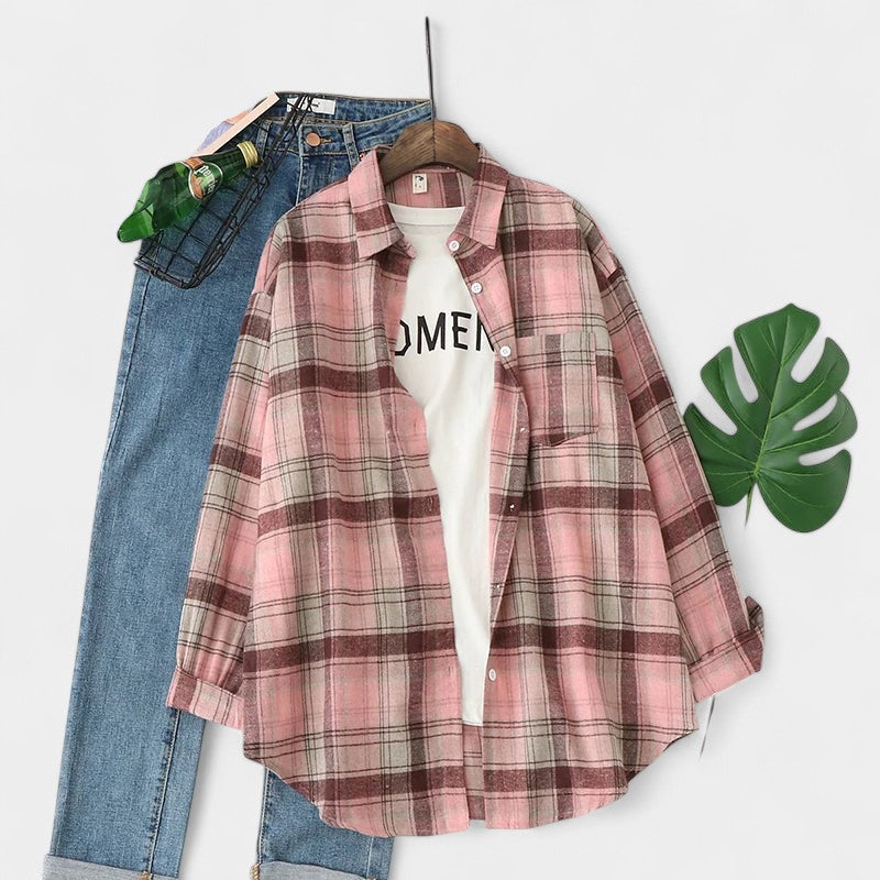 Gleame.-Blazers & Blouses-Gleame Blouse - Geruite dames blouse met lange mouwen