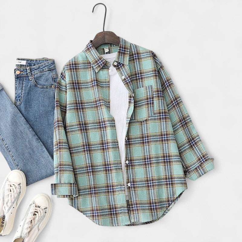 Gleame.-Blazers & Blouses-Gleame Blouse - Geruite dames blouse met lange mouwen