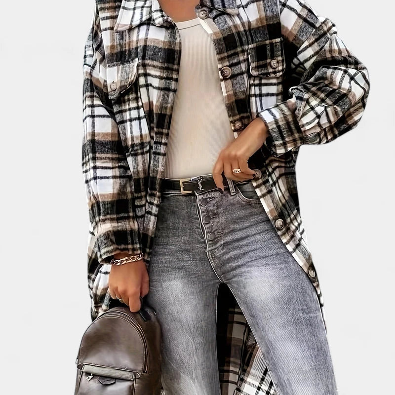 Gleame.-Blazers & Blouses-Gleame Jas - Lange jas met knoopsluiting en flapzakken voor dames