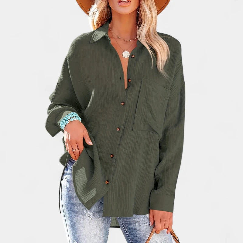 Gleame.-Blazers & Blouses-Gleame Shirt - Casual V-hals longsleeve blouse met knopen voor dames