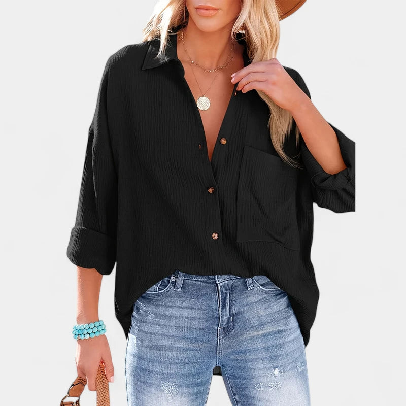 Gleame.-Blazers & Blouses-Gleame Shirt - Casual V-hals longsleeve blouse met knopen voor dames