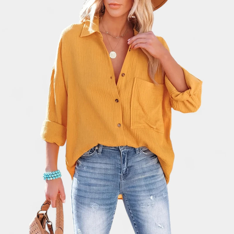 Gleame.-Blazers & Blouses-Gleame Shirt - Casual V-hals longsleeve blouse met knopen voor dames