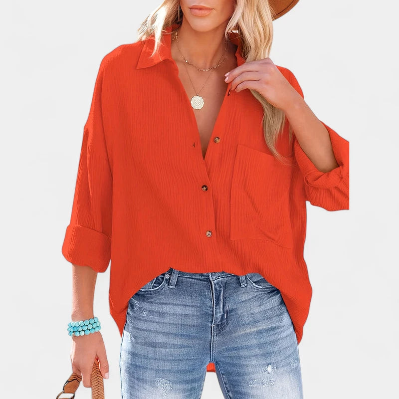 Gleame.-Blazers & Blouses-Gleame Shirt - Casual V-hals longsleeve blouse met knopen voor dames