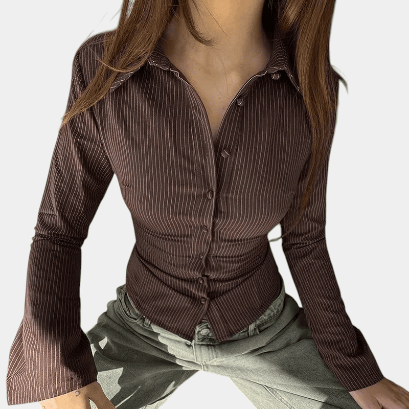 Gleame.-Blouses & Shirts-Gleame Blouse - Gestreepte blouse met lange mouwen en getailleerde pasvorm