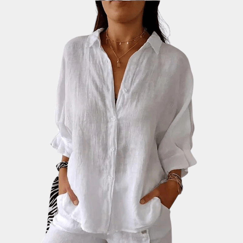 Gleame.-Blouses & Shirts-Gleame Blouse - stijlvolle linnen blouse met knoopsluiting en lange mouwen