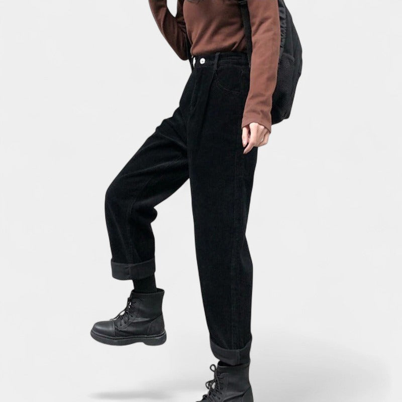 Gleame.-Broek-Gleame | Dames Corduroy Broek – Hoge Taille Geribde Nette Pantalon