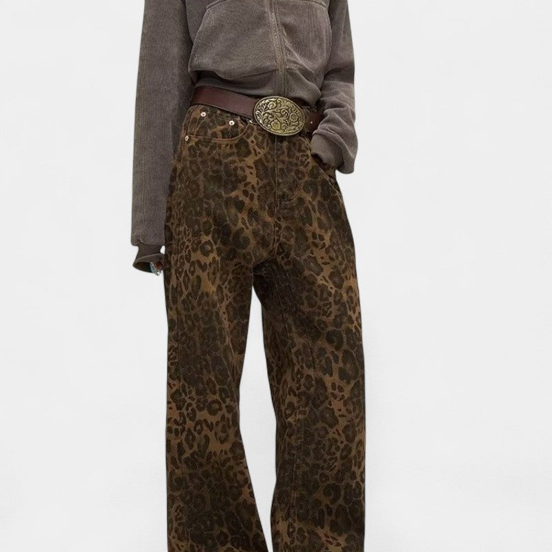 Gleame.-Broeken-Gleame Luipaard Jeans - Dames casual jeans met wijde pijpen