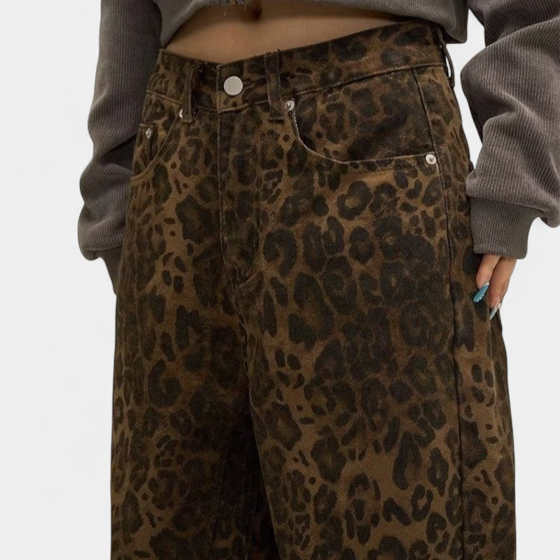 Gleame.-Broeken-Gleame Luipaard Jeans - Dames casual jeans met wijde pijpen