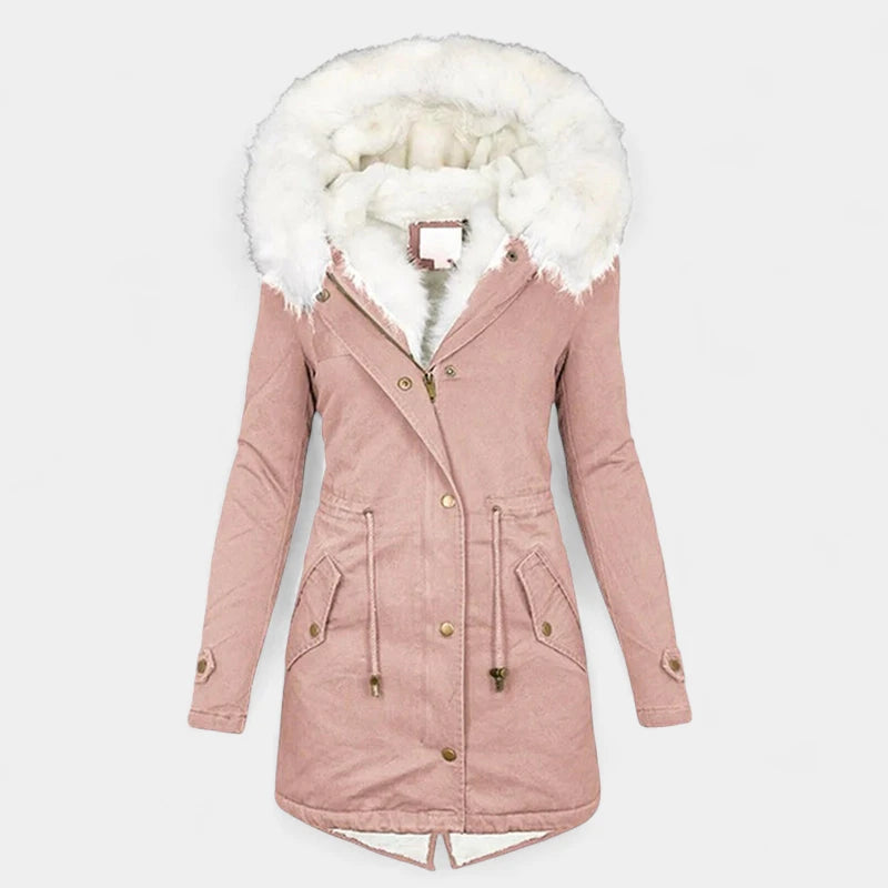 Gleame.-Coat-Gleame Lange jas – Warme damesjas met imitatiebontkraag