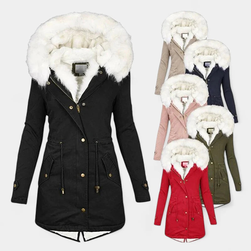 Gleame.-Coat-Gleame Lange jas – Warme damesjas met imitatiebontkraag