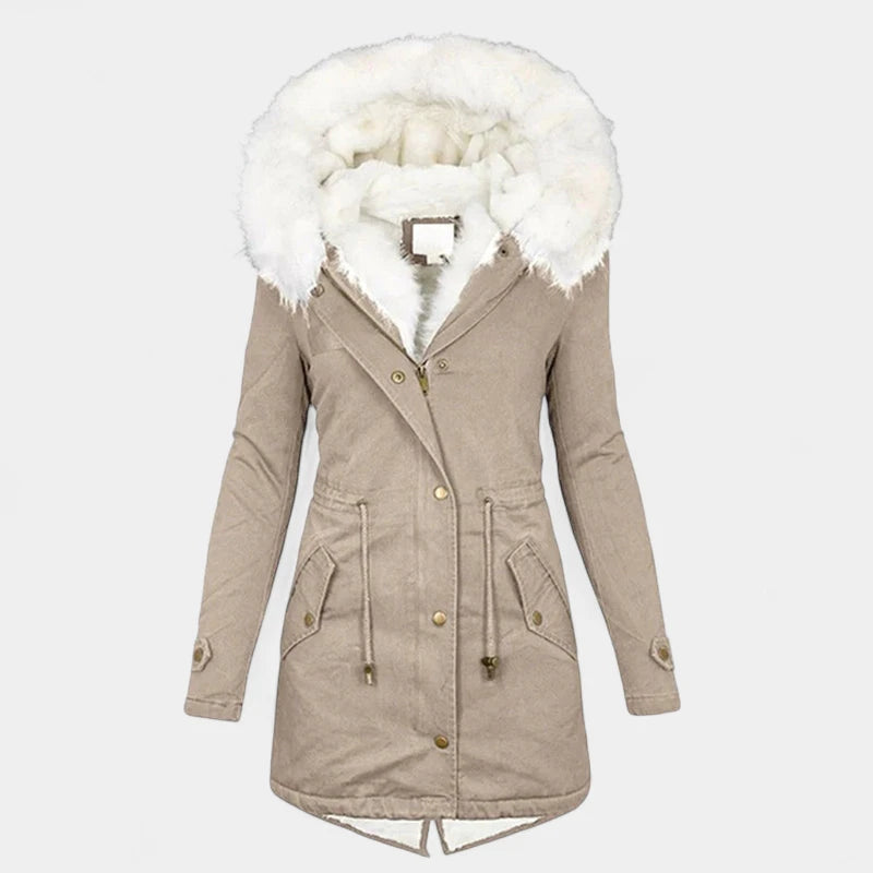Gleame.-Coat-Gleame Lange jas – Warme damesjas met imitatiebontkraag