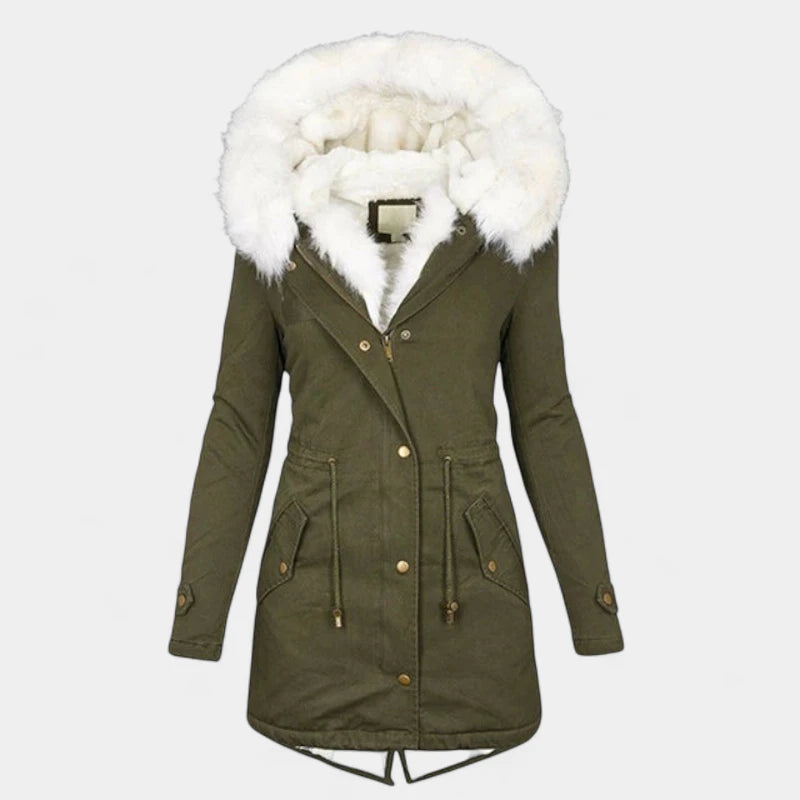 Gleame.-Coat-Gleame Lange jas – Warme damesjas met imitatiebontkraag