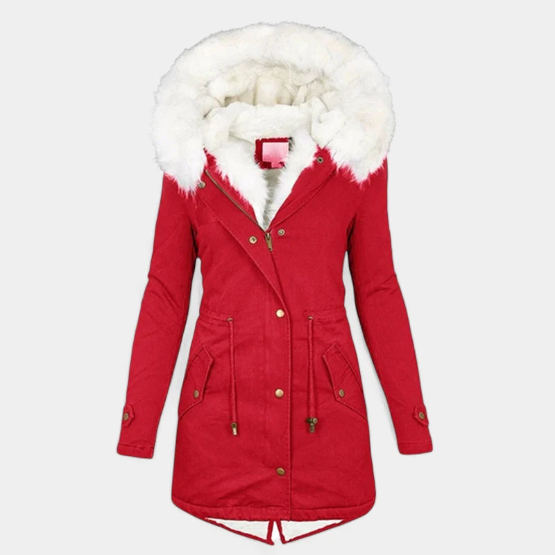 Gleame.-Coat-Gleame Lange jas – Warme damesjas met imitatiebontkraag