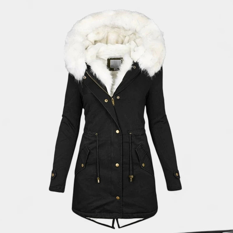 Gleame.-Coat-Gleame Lange jas – Warme damesjas met imitatiebontkraag