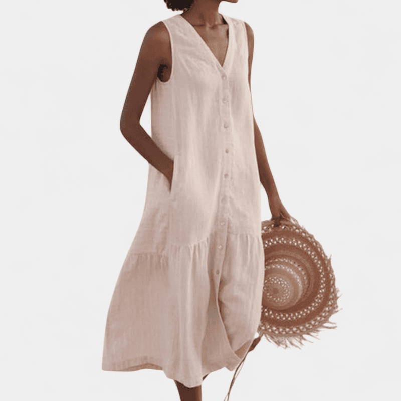 Gleame.-Dress-Gleame jurk - lichte mouwloze jurk met v-hals en knoopsluiting voor dames