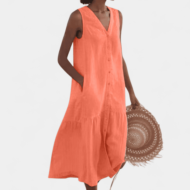 Gleame.-Dress-Gleame jurk - lichte mouwloze jurk met v-hals en knoopsluiting voor dames
