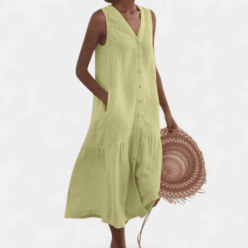 Gleame.-Dress-Gleame jurk - lichte mouwloze jurk met v-hals en knoopsluiting voor dames