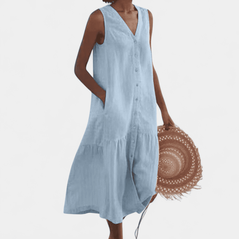 Gleame.-Dress-Gleame jurk - lichte mouwloze jurk met v-hals en knoopsluiting voor dames