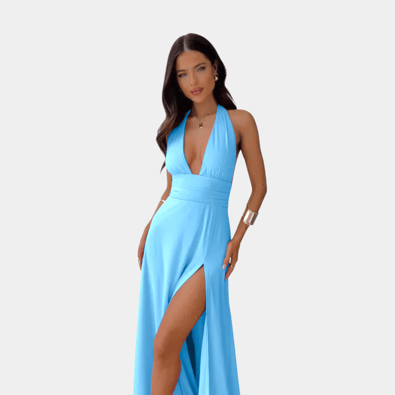Gleame.-Dresses-Gleame Jurk - Elegante halter maxi dress met open rug en hoge split