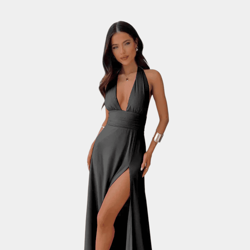 Gleame.-Dresses-Gleame Jurk - Elegante halter maxi dress met open rug en hoge split