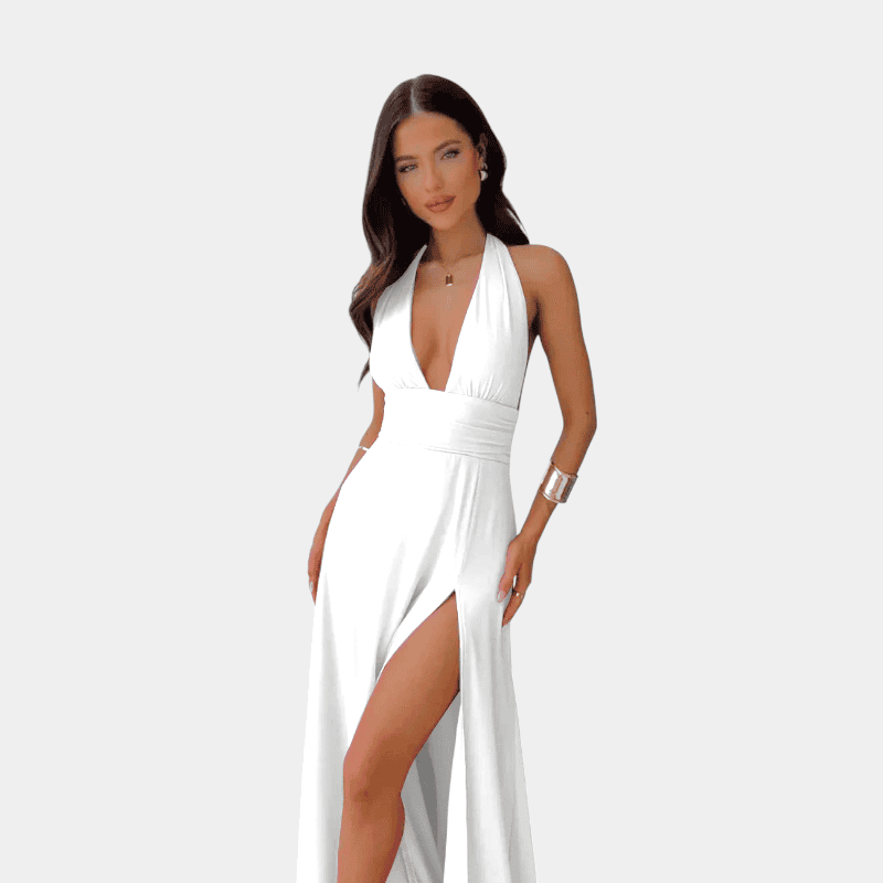 Gleame.-Dresses-Gleame Jurk - Elegante halter maxi dress met open rug en hoge split