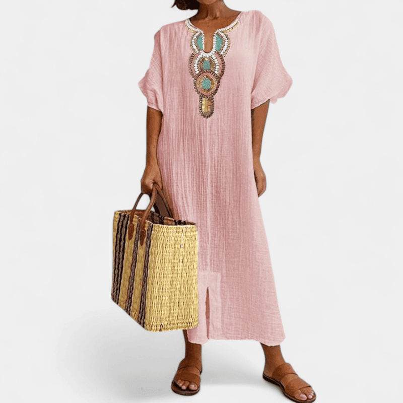 Gleame.-Dresses-Gleame Lange Jurk - Casual katoenen zomerjurk met korte mouwen