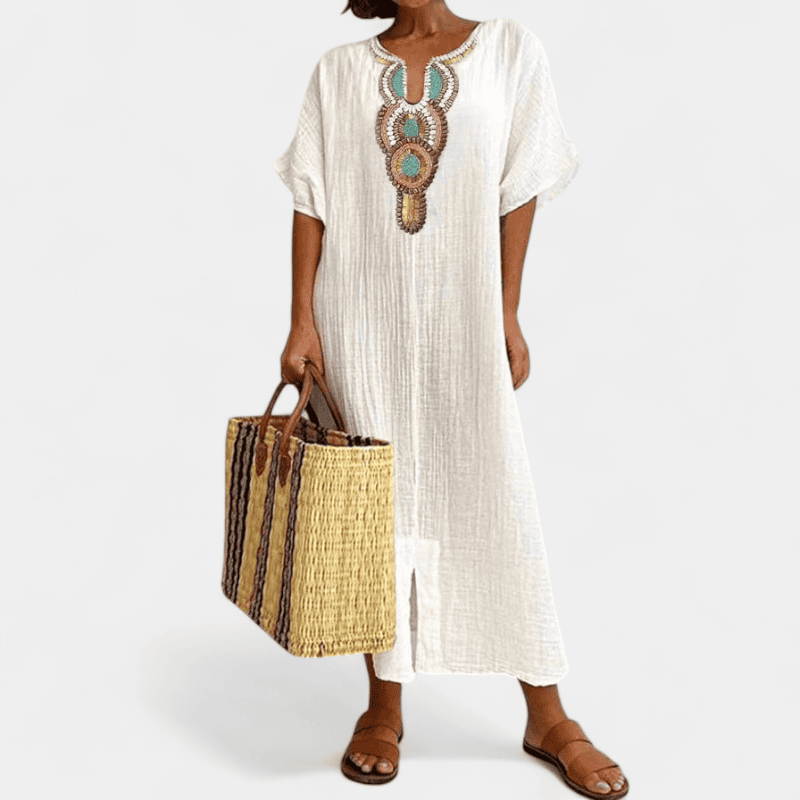 Gleame.-Dresses-Gleame Lange Jurk - Casual katoenen zomerjurk met korte mouwen