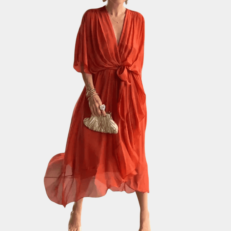 Gleame.-Dresses-Gleame Lange Jurk - Elegante chiffon midi dress met halflange mouwen