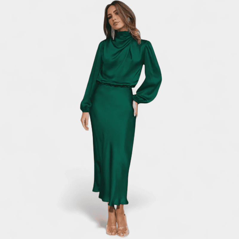 Gleame.-Dresses-Gleame Lange Jurk - Elegante midi dress van satijn met lange mouwen en hoge hals