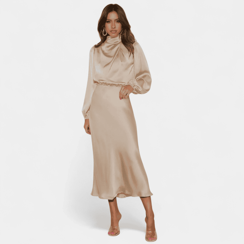 Gleame.-Dresses-Gleame Lange Jurk - Elegante midi dress van satijn met lange mouwen en hoge hals
