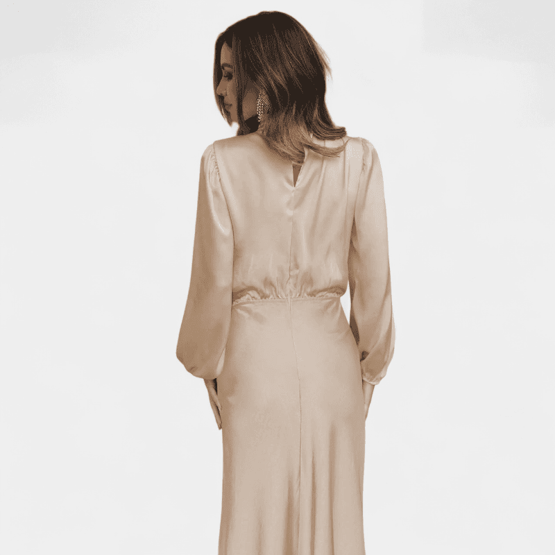Gleame.-Dresses-Gleame Lange Jurk - Elegante midi dress van satijn met lange mouwen en hoge hals