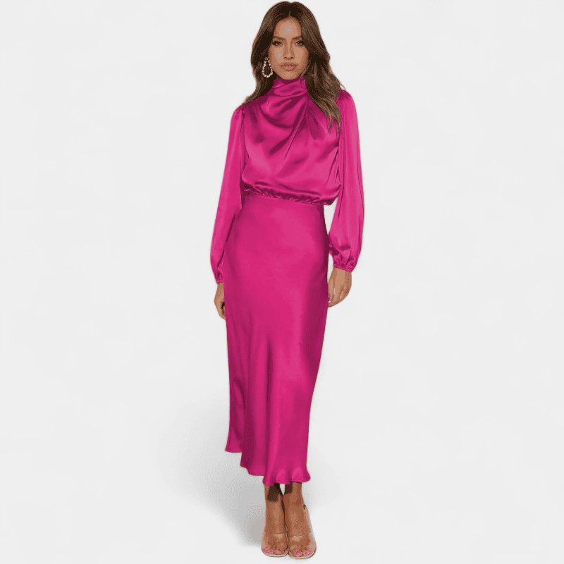 Gleame.-Dresses-Gleame Lange Jurk - Elegante midi dress van satijn met lange mouwen en hoge hals