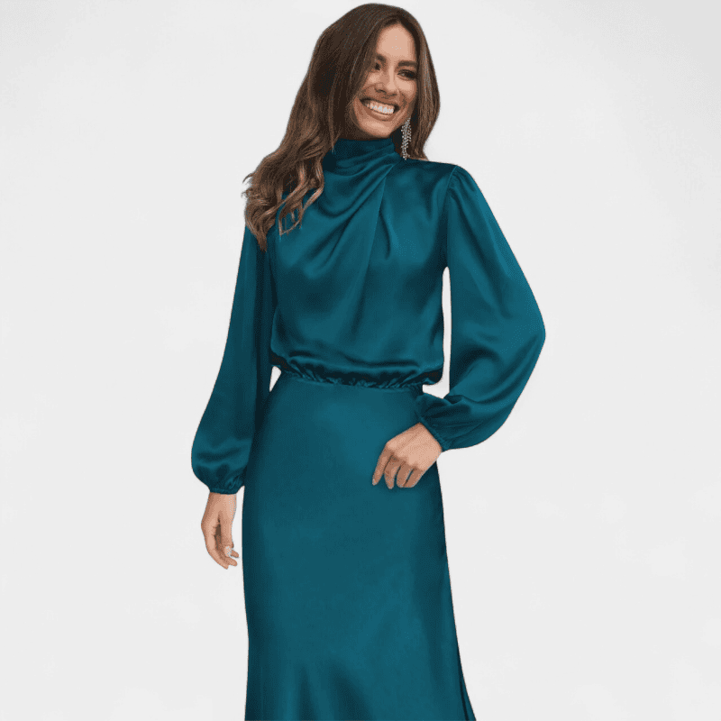 Gleame.-Dresses-Gleame Lange Jurk - Elegante midi dress van satijn met lange mouwen en hoge hals