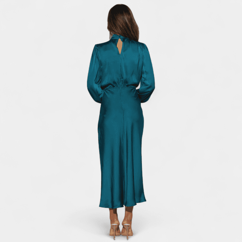 Gleame.-Dresses-Gleame Lange Jurk - Elegante midi dress van satijn met lange mouwen en hoge hals