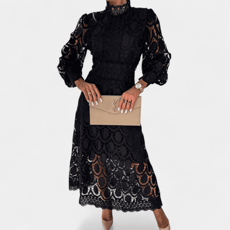 Gleame.-Dresses-Gleame jurk - elegante midi-jurk met hoge hals en pofmouwen