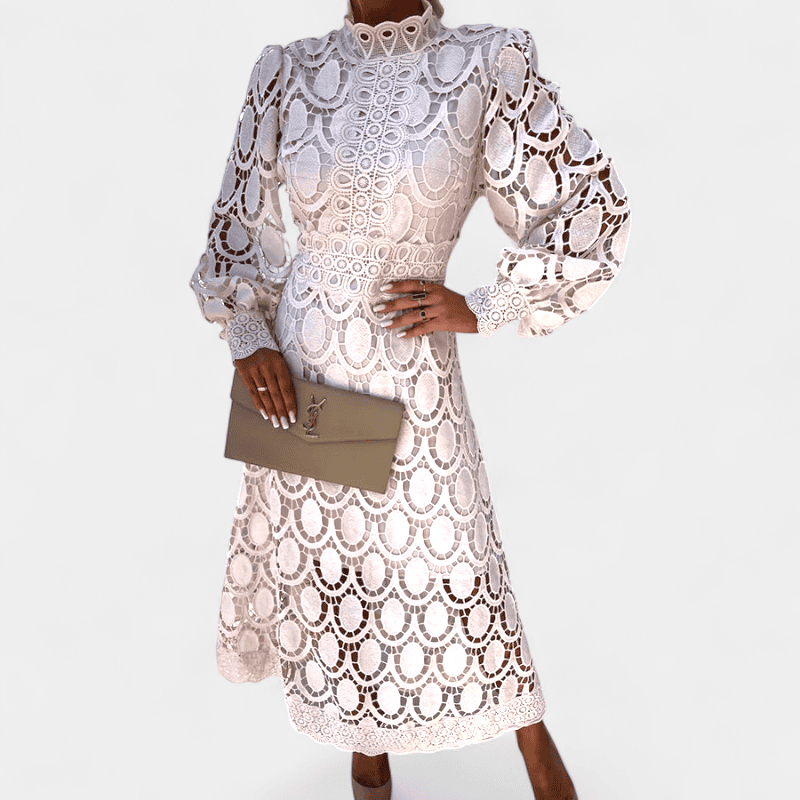 Gleame.-Dresses-Gleame jurk - elegante midi-jurk met hoge hals en pofmouwen