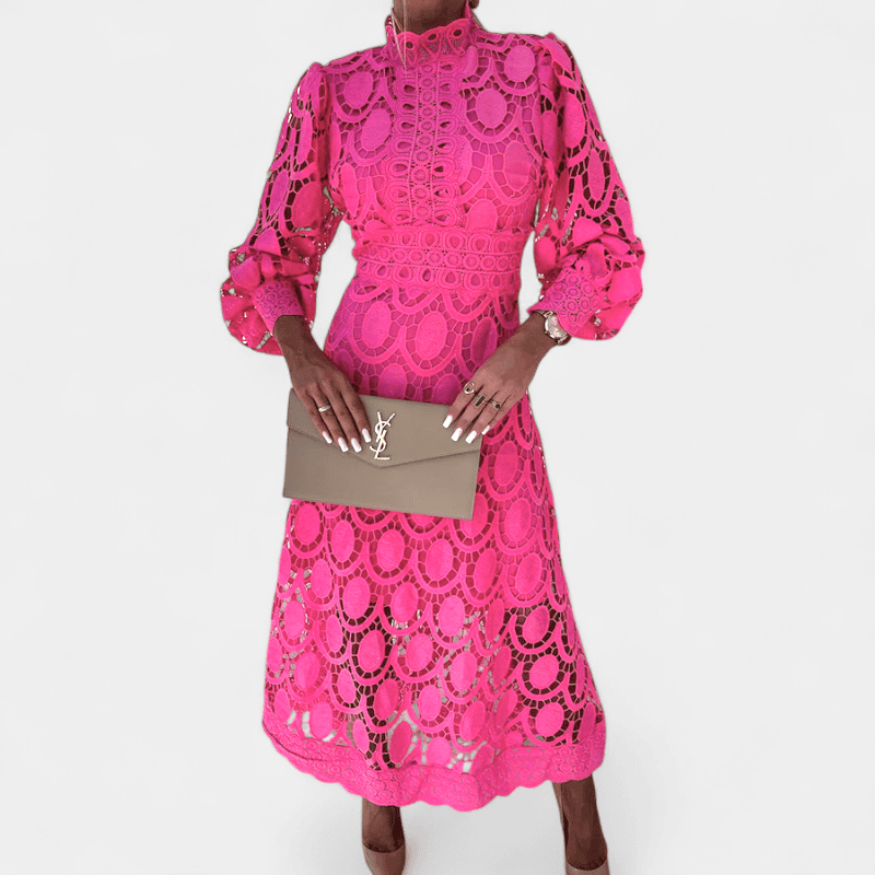 Gleame.-Dresses-Gleame jurk - elegante midi-jurk met hoge hals en pofmouwen