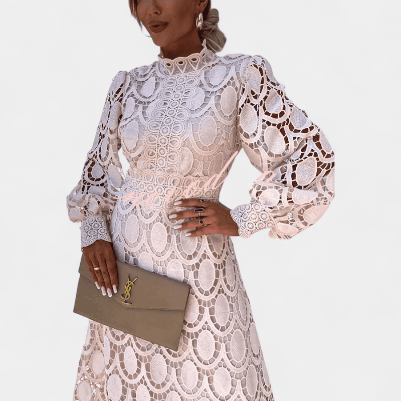 Gleame.-Dresses-Gleame jurk - elegante midi-jurk met hoge hals en pofmouwen