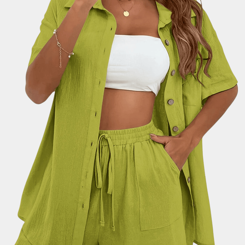 Gleame.-Gleame 2-Delig set - Dames casual korte mouwen blouse en high-waisted short met ceintuur