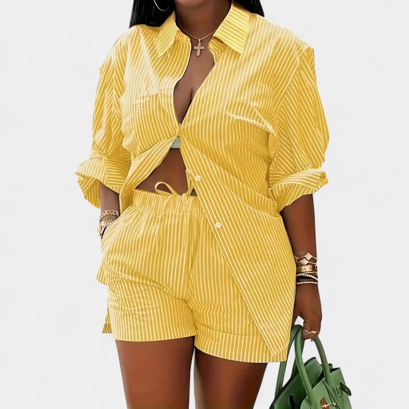 Gleame.-Gleame 2-delig set - Dames chique gestreepte blouse met lange mouwen en elastische korte broek met zakken