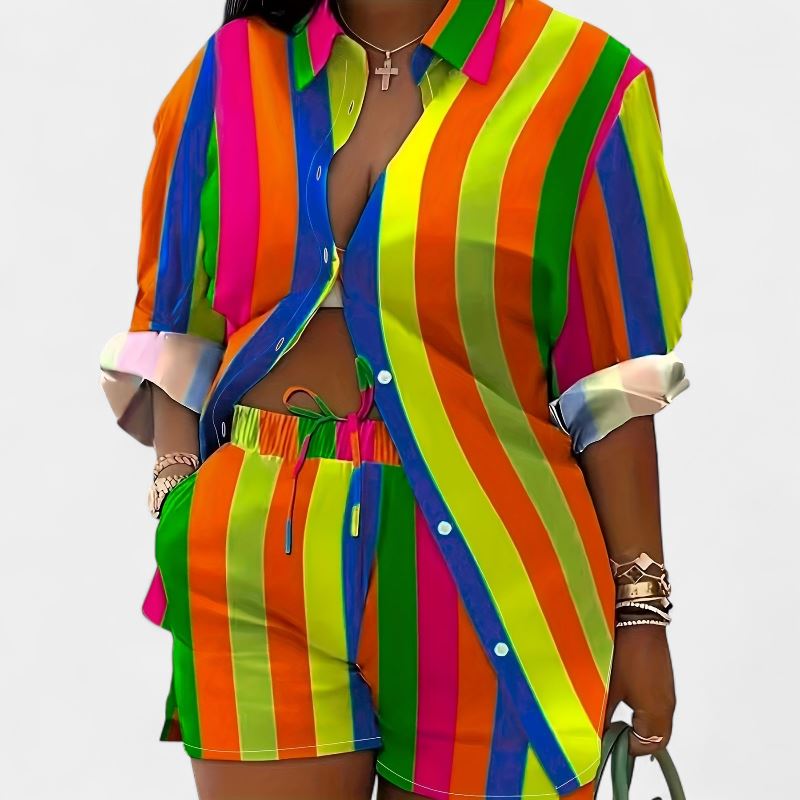 Gleame.-Gleame 2-delig set - Dames chique gestreepte blouse met lange mouwen en elastische korte broek met zakken