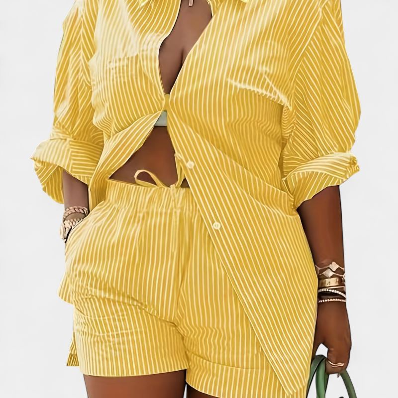 Gleame.-Gleame 2-delig set - Dames chique gestreepte blouse met lange mouwen en elastische korte broek met zakken