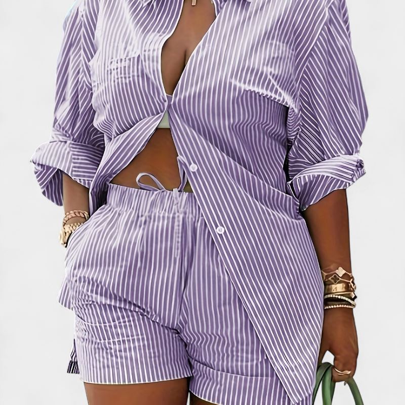 Gleame.-Gleame 2-delig set - Dames chique gestreepte blouse met lange mouwen en elastische korte broek met zakken